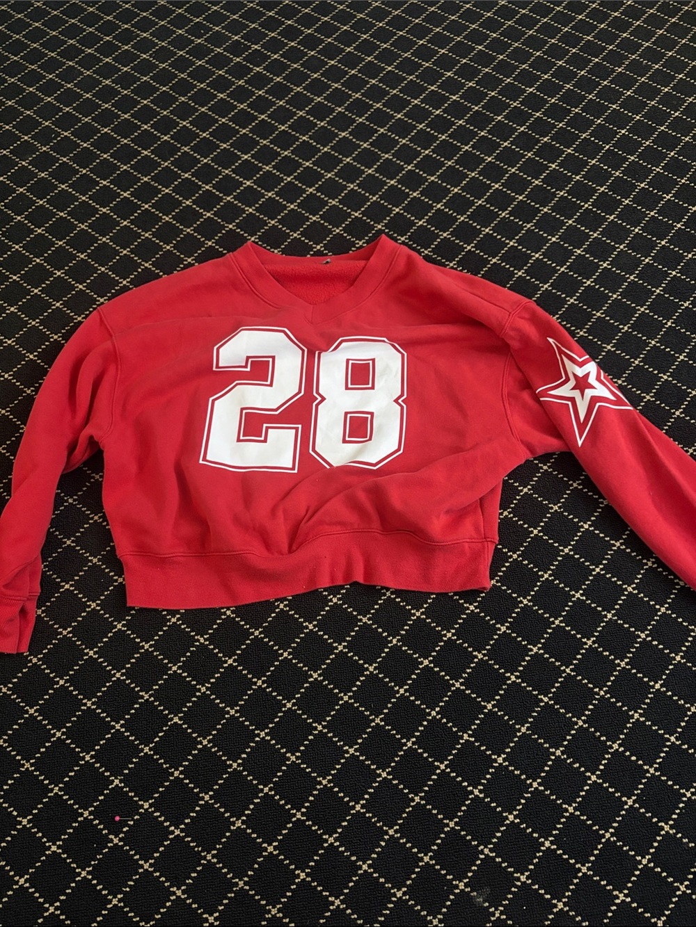 Target Red Cropped Crewneck Sweater with White '28' and Star Sleeve